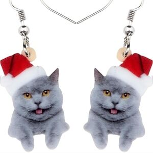 Women's jewelry festive holiday gray cat smiling in Santa hat dangle earrings